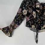 Guess  Dark‎ Floral Long Sleeve Pixxi Off The Shoulder Ruffle Tie Front Crop Top Photo 3
