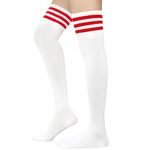 White Thigh High Nylon Stockings with Red Stripes – Retro Athletic Look Photo 2