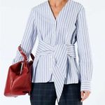 Tibi Liam Blue Stripe V-Neck Long Sleeve Shirt with Tie Sz 2 Photo 0