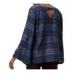 Loft  Plaid Bell Sleeve Top V-Neck Cut‎ Out Boho Purple Blue Women Size Medium Photo 1