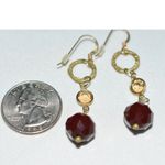 NWOT Eccentric Deep Red Amber Crystal Gold Tone Hammered Fish Hook 2" Earrings Photo 1
