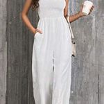 Women’s Smocked Ruffle Trim Jumpsuit White SZ Small Photo 0
