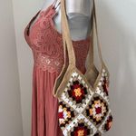 Handmade Crochet Granny Square Shoulder Tote Bag Red Brown Beige NEW Photo 0