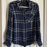 White House | Black Market WHBM Navy Plaid Button-Up Flannel Shirt Photo 0