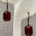 Signed NR Vintage Red Emerald Cut Leverback Dangle Earrings Antique Gold Tone Photo 0