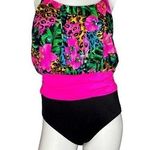 Vintage Sea Fair bright pink & black floral flower one piece bathing suit sz 14 Photo 0