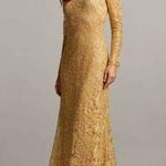 Tadashi Shoji Gold Lace Long Sleeve Open Back Full Length Sheath Formal Gown 8 Photo 0