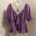 Lily Star Lightweight Purple blouse sweetheart neckline ruffle hem puff sleeves Tie Back Photo 2