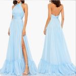 Mac Duggal NWOT  Halter Neck Tiered Ruffle Satin light blue Gown sz 4 Photo 0