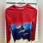 Guy Harvey Women’s Long Sleeve Performance Shirt – Red & Blue Marlin Graphic Photo 2