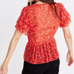 Madewell  Red Tiered Sleeve Peplum Top in Metallic Prairie Posies Ruffle Size 4 Photo 1