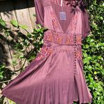 Free People NEW  Embroidered Purple Mini Dress Low V Front Satin button Accent 2 Photo 0