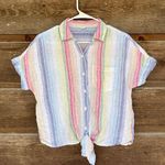 Beach Lunch Lounge Linen Blend Colorful Striped Tie Front Button Down Photo 0