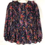 H&M New Paisley Floral Print Ruffle Trim Peplum Blouse Navy Multi Photo 11