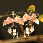 Gold Plated Cute Pink Big Bowknot Drop Earrings‎ Hollow Out Flower White Cat Photo 1