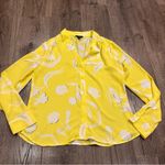 Halogen Yellow Floral Print Blouse V-Neck Button Front Long Sleeve Career Office Photo 4