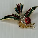 Source Unknown Vintage Bird on Branch Brooch Enamel Green Red Gold Tone Rhinestone Signed Photo 9