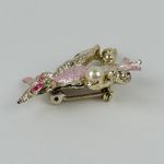 Vintage Gold Tone Enamel Owl Brooch Pink Rhinestone Eyes Faux Pearl Accent Photo 2