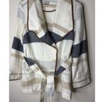 Chico's Womens 0 US 4/6 Blanket Coat Jacket Cream Striped Pockets Belt 2 Button Photo 1