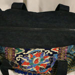 Denim Overnight Messenger Bag Ethnic Embroidery Travel Carry On Weekender Large Tote with Fringes Photo 5