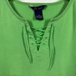 Women M Baby Tee Kelly Green Lettuce Hem Tie Neck Line Y2K Bratz Ribbed Cotton Size M Photo 3