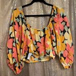 Billabong Yellow Orange Pink Floral Sun City Puff Sleeve Crop Blouse Large Photo 1