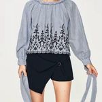 ZARA  Trafaluc Blue Striped Eyelet Embroidered Tie Sleeve Top Blouse Size S Boho Photo 0