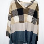 Entro  V-neck Knit Colorblock Plaid Sweater Womens Size Large Tan Blue Pullover Photo 0