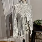 Armani Exchange NWT Draped Front cascade ruffle Shimmer Shiny Metallic Silver Light jacket cover summer buttons mock asymmetrical high low blazer cape Vintage y2k duster avant-garde futuristic iridescent holographic disco lame Coastal Bright Photo 1