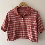 American Eagle Salmon Pink and White Striped Cropped Polo Shirt Photo 2
