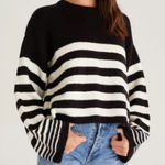 Z Supply  Alivia Striped Sweater Bell Sleeve Black and White Fuzzy Photo 0