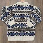 Anthropologie Vintage Heavy Knit 100% Wool Fair Isle Crewneck Sweater Cream, Blue, Brown M Photo 7