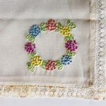 Vintage Silk Embroidered Floral Lace Ivory Handkerchief White Photo 2