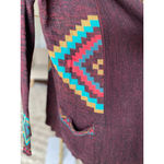 Billabong  Aztec Knit Sweater Cardigan Open Front Tribal Boho Maroon M Cali Surf Photo 7