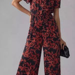 Anthropologie  The Somerset Satin Jumpsuit in Black Red Print Photo 0