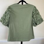 Cottagecore Puff Sleeve Large Rosette Green Stretch Floral Textured Modest Top Photo 1