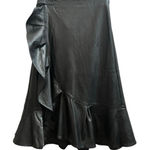 Gracia  Black Faux Vegan Leather Tie Wrap Ruffle Detail Midi Skirt Large Chic Photo 0