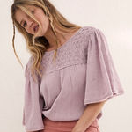 Free People  Lavender Smocked Embroidered Bodysuit Size L‎ Boho Flutter Sleeve Photo 0