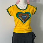 American Vintage Vintage Y2K Brazil Sequin Heart Baby Tee Deadstock Preppy Womens Size Medium Photo 0