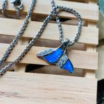Sterling Silver Blue Opal CZ Whale Tail Pendant on Stainless Steel Chain Photo 1