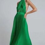 L’IDEE Bright Green Renaissance Mock Neck Pleated Satin Midi Dress Size 12 Photo 0