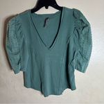 Anthropologie By Puff-Sleeve V-Neck Top Size Medium Sage Green Media blouse Photo 1