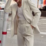 ZARA ecru high waisted belted fabric pants casual office preppy Photo 2