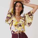 Maeve Anthropologie Purple and Yellow Floral Flutter Sleeve Cinched Top Photo 0