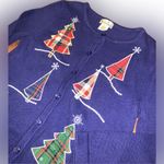 Vintage Festive Blue Knit Sweater Embroidered Sequins Plaid Trees Snowflakes XL Photo 4