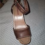Prada  Brown Leather Raffia Wedge Sandals Size 36 Ankle Strap Studded Detail Photo 3