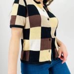 vintage earth tone checkered button down knit sweater top ramie cotton blend S Brown Photo 5