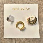 Tory Burch New  Serif-T ENAMEL HUGGIE EARRING; Gold & Pink on TB Earring Card Photo 4
