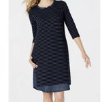 NWT J. Jill Mixed Media Denim Shirttail Dress | Navy Stripe | Medium Tall Blue Photo 1