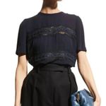 Rebecca Taylor  Lace 100% Silk T Shirt Navy Blue Crew Neck Blouse Top NWT Size XS Photo 1
